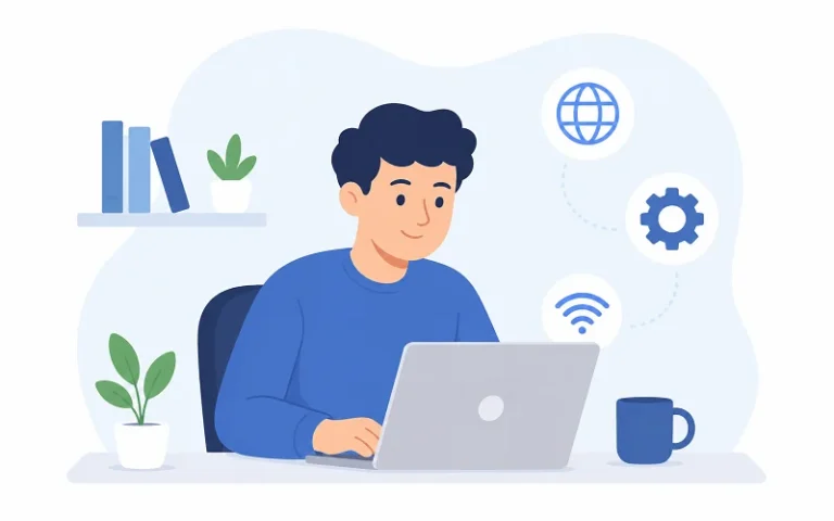 A boy doing technical work on laptop