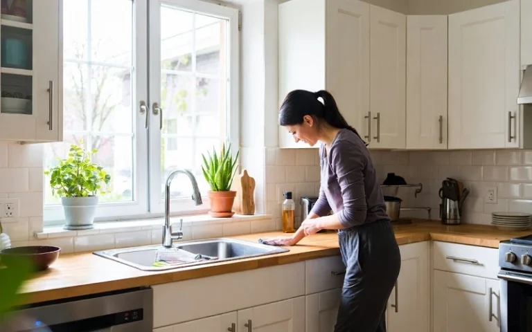 Woman wiping kitchen counter in a bright clean kitchen – simple daily habit from getwhocares.com around the house tips